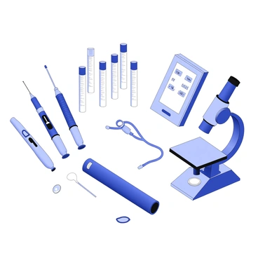 A close-up view of various biomedical diagnostic tools arranged neatly on a table. There are several types of syringes with clear barrels and graduated measurements. A variety of test tubes are organized, some filled with liquid, displaying different sizes and shapes. A digital thermometer is positioned next to a stethoscope, coiled neatly. There is also a blood pressure cuff lying flat, with its tubing extending towards a nearby monitor displaying numerical readings. A small glass slide sits at the edge, alongside a microscope with an illuminated base ready for use.