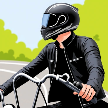 A side profile of a biker with a black, sleek helmet that has reflective silver accents. The biker is wearing a fitted leather jacket with detailed stitching and patches, showcasing a rugged appearance. The handlebars of the motorcycle are visible, with chrome grips gleaming under the light. The background features a blur of green trees and a blue sky, indicating speed as the biker rides along a winding road.