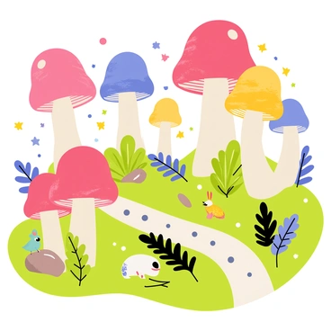 A whimsical forest filled with tall, oversized mushrooms in varying colors, including red, blue, and yellow. The mushrooms have large, round caps and thick stems. Tiny sparkling lights float gently throughout the scene, illuminating the forest in a magical glow. Lush green ferns and bushes surround the mushrooms, adding to the vibrant setting. A narrow winding path made of smooth stones weaves through the forest, inviting exploration. A few whimsical creatures, such as a small rabbit and a colorful bird, can be seen among the mushrooms, adding life to the enchanting atmosphere.