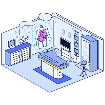 A high-tech surgery room with sleek, metallic surfaces and bright, overhead lighting. In the center of the room is an advanced surgical table equipped with various medical instruments. A holographic display projects a detailed, three-dimensional image of the human body, showing internal organs and systems. Surrounding the table are monitors displaying vital signs and surgical data. The walls are lined with storage cabinets containing surgical tools and equipment.
