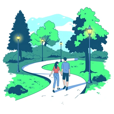 A couple is walking hand-in-hand on a winding pathway through a park. The path is illuminated by several glowing street lamps casting light on the ground. Tall trees with lush green leaves stand on either side of the path. In the background, there are small bushes and flower beds, creating a vibrant scene. The couple appears relaxed, wearing casual clothing. The soft glow from the street lamps enhances the tranquil atmosphere of the park while crickets are visible among the grass, adding to the peaceful ambiance of the evening.