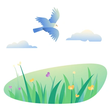 A bird with vibrant blue feathers is flying high above a lush green field. The field is filled with tall grass swaying gently in the breeze, dotted with colorful wildflowers in shades of yellow and purple. In the distance, a clear blue sky stretches out, with a few fluffy white clouds scattered across it. The bird's wings are spread wide, catching the sunlight as it soars gracefully through the air, embodying the essence of freedom.