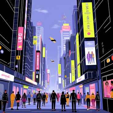 A bustling cyberpunk city filled with tall buildings and intricate architecture. The skyline is illuminated by vibrant neon signs in various colors, including pink, blue, and green. Holograms of advertisements hover above the streets, showcasing futuristic products and characters. Crowds of people in diverse fashion styles walk along the busy sidewalks. Flying vehicles zip through the sky, creating a dynamic atmosphere. Dark alleys are visible between the buildings, adding to the city's depth and complexity.