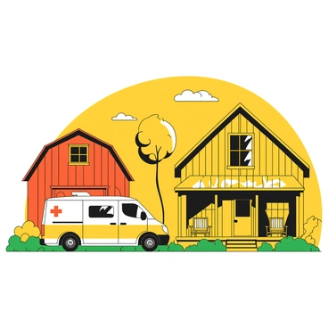 A medical transport van is parked near a rustic farmhouse. The van is white with clear markings indicating its medical purpose. The farmhouse has a weathered wooden exterior, featuring a porch with rocking chairs. In the background, there is a red barn with a classic rectangular shape, surrounded by green grass and a few scattered trees. The sky above is clear, and the scene captures a peaceful rural setting.
