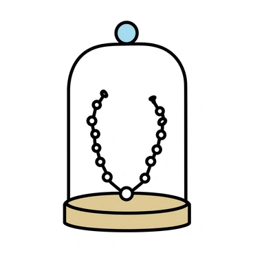 A sparkling jewelry piece displayed under a small transparent cloche. The cloche is sitting on a round wooden base. The jewelry piece is a silver necklace adorned with intricate patterns and small gemstones that reflect light. The background is plain to emphasize the elegance of the jewelry.