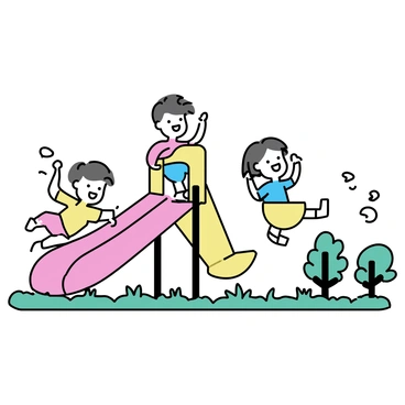 A group of three children playing on a colorful playground. One child is sliding down a bright red slide with a big smile, while another child is at the bottom, waiting to catch them. The third child is swinging on a bright yellow swing, laughing joyfully. The playground features vivid colors, with green grass below and various trees in the background. The scene captures the energy and happiness of children engaged in play.