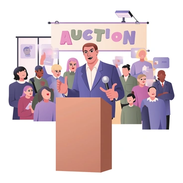 A digital flat illustration featuring an auctioneer standing confidently at a wooden podium. The auctioneer is a middle-aged man with short brown hair, wearing a blue suit and a white shirt. He holds a silver microphone in his right hand and gestures with his left hand as he engages the audience. In the background, a diverse crowd of people listens intently, with some raising their paddles to bid. The atmosphere is vibrant, with colorful banners displaying various auction items. A spotlight shines on the auctioneer, highlighting his focused expression as he addresses the crowd. There is a large sign behind him that reads "AUCTION" in bold letters.