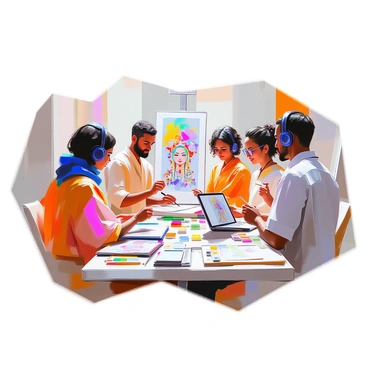 Artists from various cultures working together on a digital art piece using a tablet