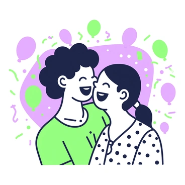 Two friends are leaning their faces together, sharing a laugh. The first friend has curly hair and is wearing a bright t-shirt. The second friend has straight hair tied back in a ponytail and is wearing a patterned blouse. They are surrounded by colorful decorations such as balloons and streamers in the background. The setting is lively, capturing the joy of their interaction. Their expressions convey happiness and camaraderie.