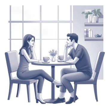 A couple sitting at a small round table in a café. The table is set with two coffee cups, a small vase with a flower, and a plate of pastries. The couple is engaged in conversation, with the woman leaning slightly forward and smiling, while the man is resting his chin on his hand, looking at her. The café has large windows allowing sunlight to stream in, casting soft shadows on the table. The background features shelves with books and plants, creating a warm and inviting atmosphere.