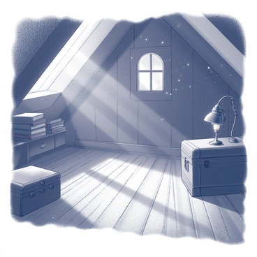 An old attic features creaky wooden floorboards that show signs of wear. Cobwebs hang in the corners, creating a sense of neglect. Dust particles float in the air, illuminated by shafts of light streaming through a small, dusty window. Various forgotten items are scattered throughout the space, including an antique trunk, a stack of old books, and a rusted lamp resting on a wooden shelf. The sloped ceiling adds to the cramped feeling of the attic, while shadows linger in the dimly lit areas.