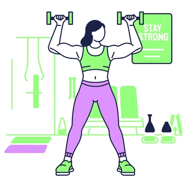 A person performing dumbbell thrusters in a gym setting. The individual is wearing a fitted workout top and sleek leggings, showcasing a modern design. They are holding a dumbbell in each hand, positioned at shoulder height. The person's knees are bent in a squat position, and they are preparing to thrust the weights overhead. The gym floor is visible beneath them, equipped with exercise mats and various fitness equipment in the background. A motivational poster hangs on the wall, displaying the phrase "Stay Strong" in bold letters.