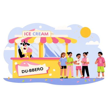 A cartoon-style illustration of a cow wearing a colorful apron, standing behind a vibrant ice cream stand. The stand is adorned with bright decorations and has a large sign that reads "Ice Cream" in playful lettering. The cow is holding an ice cream cone with a swirl of pink and white ice cream, smiling at a group of happy children eagerly waiting in line. The background features a clear blue sky and a shining sun, with a few fluffy clouds drifting by. Colorful sprinkles are scattered around the stand, adding to the festive atmosphere.