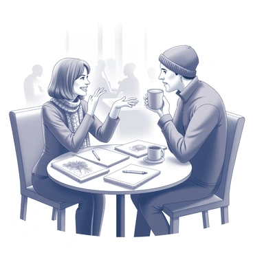 Two artists are seated at a small round table in a cozy café. One artist is a woman with shoulder-length hair, wearing a patterned scarf, animatedly gesturing with her hands while speaking. The other artist is a man with a beanie, leaning forward with interest, holding a steaming cup of coffee. On the table, several sketches are laid out, showcasing a variety of artistic styles, including detailed pencil drawings and inked illustrations. In the background, the café is softly illuminated with warm light, creating an inviting atmosphere filled with the faint outlines of other patrons.