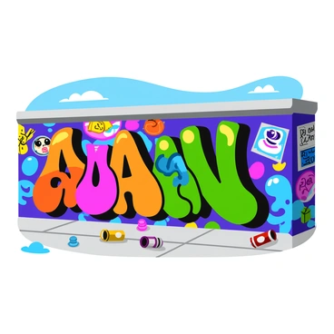 A graffiti-covered wall featuring large, bold letters in various colors. The letters display a mix of intricate designs and abstract shapes. Surrounding the letters are vibrant illustrations of cartoon characters and symbols, all rendered with thick marker strokes. The scene is set in an urban environment, with a concrete ground and a hint of the city skyline visible in the background. A few spray paint cans lie scattered at the base of the wall, adding to the street art atmosphere.