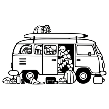A vintage VW bus with a classic rounded shape is parked amidst scattered travel gear. The interior of the bus is filled with backpacks, rolled-up sleeping bags, and a colorful map spread across the dashboard. A pair of hiking boots is placed beside the open door, and a surfboard is strapped to the roof. A thermos, a camera, and a cooler are visible on the floor. The scene evokes a sense of adventure and exploration as the bus stands ready for a cross-country journey.