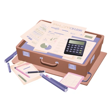 A digital flat illustration featuring an open briefcase lying on a wooden surface. The briefcase is brown with silver clasps, and it is filled with neatly stacked "salary reports" that are printed with graphs and tables, most of which have headers and data points visible. A black scientific calculator is placed on top of the reports, displaying numbers on its screen. Surrounding the briefcase are scattered pens and a notepad with handwritten notes. The setting conveys an organized but busy workspace atmosphere.