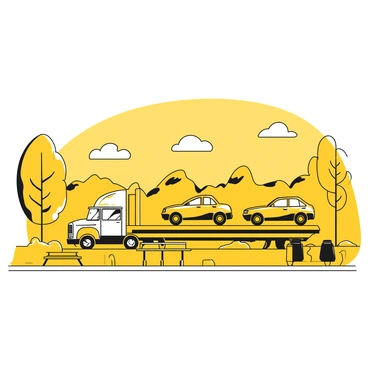 A car transport truck with multiple vehicles loaded onto its flatbed is parked at a rest area along a highway. The truck is large, with a distinct cab at the front and a long trailer behind it. The rest area features picnic tables and trash bins nearby. Surrounding the area, there are tall trees providing shade, and a clear view of the highway stretches into the distance. A few clouds can be seen in the sky above.