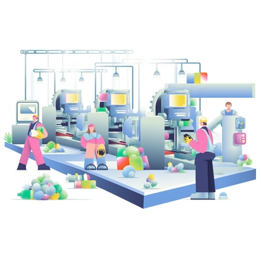 An interior view of a recycling facility is depicted, showcasing several large machines actively processing plastic waste. The machines are metallic and industrial in design, with gears and mechanisms visible in operation. Piles of colorful plastic waste, including bottles and containers, are placed near the machinery. Conveyor belts run throughout the facility, carrying the waste towards the machines. Bright overhead lights illuminate the area, highlighting the organized chaos of the recycling process. Several workers wearing safety equipment, including helmets and gloves, are seen monitoring the machines and sorting materials.