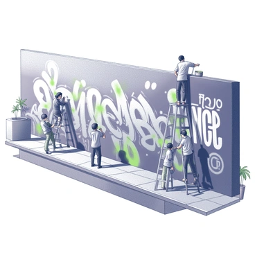 A large wall covered with dynamic graffiti art in an urban environment. Various street artists are actively painting on the wall, using different tools and techniques to create intricate designs and bold messages. Some artists are on ladders, while others work from the ground. The scene captures the energy of the artists at work, showing their focused expressions and the colorful paints they use. The surrounding urban setting features buildings and the pavement, adding context to the vibrant display of creativity.