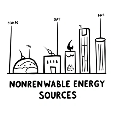 A black-and-white illustration of a detailed chart displaying the percentage of energy derived from nonrenewable sources. The chart is segmented into various sections, each labeled with the type of energy source, such as "Coal," "Natural Gas," and "Oil." Below the chart, the words "Nonrenewable Energy Sources" are prominently displayed in bold. Vertical lines extend from each segment to the corresponding percentage figures, highlighting the distribution of energy sources. Additional annotations provide context for each segment, enhancing the informative nature of the illustration.