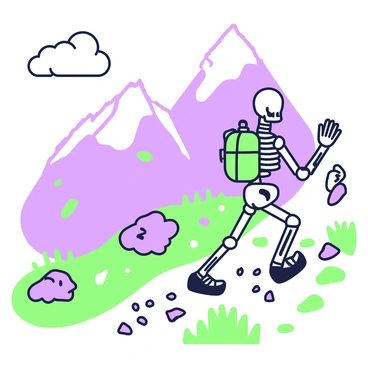 A skeleton is hiking up a mountain trail. The skeleton, with its bony structure, is wearing a small green backpack that rests against its back. It is climbing a winding path surrounded by steep rocky slopes and scattered greenery. In the background, towering mountains rise majestically, with peaks that touch the sky. A few clouds float above, adding to the scenic view. The skeleton's arm is slightly raised as it pushes against a rock for support, showcasing its skeletal fingers. The trail is dotted with small stones and patches of grass, enhancing the natural environment.