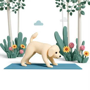 A goldendoodle, with a fluffy cream-colored coat and expressive brown eyes, is attempting yoga poses on a bright blue mat. The dog is stretching its front legs forward in a downward dog pose, with its back arched and tail held high. Surrounding the dog are vibrant green plants and colorful flowers, including red roses and yellow sunflowers. The sunlight filters through the leaves of tall trees, casting dappled shadows on the mat. In the background, there is a gentle blue sky, enhancing the tranquil atmosphere of the garden.