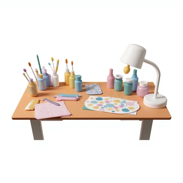 A nail art station is set up on a wooden table. The table is scattered with various brushes of different sizes, paint bottles in vibrant colors, and sheets of colorful stickers featuring floral and geometric patterns. Several jars of glitter in a rainbow of colors are placed neatly, reflecting light. There is an assortment of nail files and a small lamp for curing gel polish. The backdrop is bright, enhancing the lively atmosphere of the creative workspace.