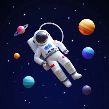 An astronaut in a spacesuit is floating in the vastness of space. The astronaut's suit is detailed, showcasing various patches and equipment. In the background, there are several colorful planets, each with distinct features such as rings and surface textures. The darkness of space is filled with countless bright stars scattered throughout, creating a mesmerizing cosmic scene.