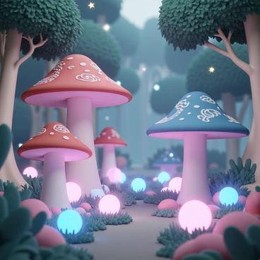 A magical forest, featuring massive, towering mushrooms in vibrant shades of red, blue, and purple with intricate patterns on their caps. Surrounding the mushrooms are glowing plants emitting soft, ethereal light in various colors, illuminating the forest floor. A gentle mist weaves between the mushrooms, enhancing the enchanting atmosphere. The trees in the background are tall and slender, with twisted trunks and lush green foliage, creating a sense of depth in the forest. Small, sparkling orbs of light float through the air, adding to the magical ambiance of the scene.
