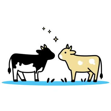 Two cows standing close together in a tranquil field, illuminated by a soft, starlit sky above. One cow, with a black and white coat, gazes affectionately at the other cow, which has a light brown coat with white spots. The moonlight casts gentle shadows on the grass, creating a serene atmosphere around them. The stars twinkle brightly in the night sky, enhancing the peacefulness of the scene.