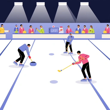 A curling match taking place on a smooth, shiny ice surface. The scene is illuminated by bright stadium lights overhead, casting sharp reflections on the ice. Two teams are engaged in play, with one player sliding a large curling stone down the ice, while teammates stand at the sides, holding brooms and watching closely. Each team wears matching uniforms in vibrant colors, enhancing their team spirit. The audience can be seen in the background, eagerly watching the match. The scoreboard displays the current score, adding to the competitive atmosphere.