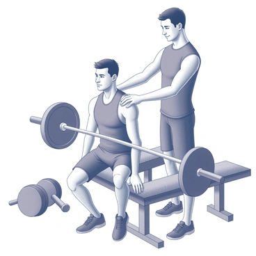 A fitness trainer is positioned next to a novice lifter, demonstrating correct lifting techniques. The trainer is guiding the novice by adjusting their posture, ensuring proper alignment during the lift. The scene focuses on the novice's arms and shoulders, showcasing the muscular definition as they engage in the lifting motion. The trainer's hands are gently touching the novice's shoulders, emphasizing their involvement in the training process. Additionally, gym equipment like weights and a bench are visible in the background, adding context to the training environment.