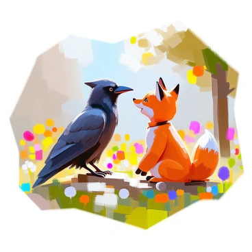 A group of children playing in a vibrant garden, dressed as a crow and a fox, enacting a scene from a story. One child is wearing a black costume with feathers, complete with a beak mask, representing the crow. Another child is dressed in a reddish-orange outfit with a bushy tail and ears, embodying the fox. They are surrounded by colorful flowers, green grass, and a few trees, creating a playful atmosphere. The children are interacting joyfully, with the crow child perched on a low branch while the fox child looks up, adding to the whimsical scene.