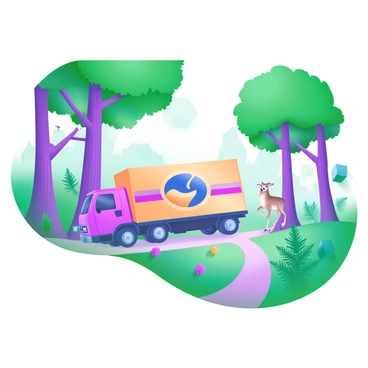 A parcel truck is driving down a narrow path that winds through a dense forest. The truck is painted in bright colors, with the company's logo prominently displayed on the side. Tall trees with lush green leaves form a thick canopy overhead, filtering the sunlight that dapples the ground. Various wildlife is visible along the path, including a deer peeking out from behind a tree and birds perched on branches. Colorful flowers dot the landscape, adding to the vibrant scene. The path is lined with ferns and shrubs, creating a lush backdrop for the truck's journey.