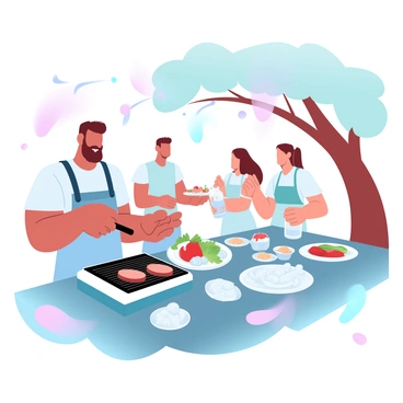 Lou is standing by a barbecue grill, flipping burgers while wearing a casual t-shirt and an apron. He has a warm expression as he laughs with a group of friends around him. One friend is holding a plate of freshly grilled vegetables, and another is pouring drinks into cups placed on a nearby table. Colorful balloons and streamers are hanging from a tree, creating a festive atmosphere. A large picnic table is set up with various side dishes and snacks. The sun is shining brightly, casting a warm glow over the scene.