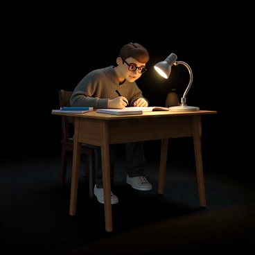 A student with short brown hair, wearing glasses and a cozy gray sweater, is sitting at a wooden desk. The desk is cluttered with open textbooks and scattered notes. A warm glow emanates from a metal desk lamp positioned to the right, casting light over the study materials. The student is leaning forward, focused on writing in a notebook, with a pen in hand. The room is dimly lit, emphasizing the concentration on the student's face as they study late at night.