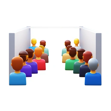 A 3D icon depicting an invisible wall separating two groups of people. The groups are positioned on opposite sides of the wall, facing each other. Subtle visual cues indicate the presence of the wall, such as a slight distortion in light or a faint shimmer in the air. Each group consists of diverse individuals, showcasing different clothing styles and expressions of curiosity. The atmosphere conveys a sense of separation while hinting at a connection between the two groups.