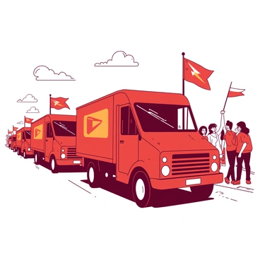 A red parade of mail trucks is moving down the street, each truck adorned with colorful flags and banners flapping in the breeze. The trucks are lined up in a row, with some featuring bright orange design elements. The street is lively, filled with excited spectators watching the procession, while some are waving small flags in support of the trucks. The sky above is clear, providing a perfect backdrop for the festive event.