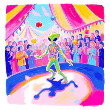 An extraterrestrial being with a green, smooth-skinned body and large black eyes is performing a juggling act inside a lively circus tent. The alien is wearing a colorful, sequined vest that glimmers under the bright lights of the tent. Around it, several brightly colored balls float in the air, as the ET skillfully juggles them with its three long fingers. The circus tent is decorated with red and yellow stripes, and colorful streamers hang from the ceiling. In the background, a crowd of excited spectators with varied expressions watches intently, some clapping and others with wide eyes.