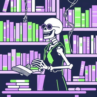 A skeleton librarian is shelving gothic novels in a library filled with tall, dark wooden bookshelves. The skeleton has a detailed, bony structure, wearing a tattered black vest and round glasses perched on its nose. The books on the shelves are old, with ornate covers, and feature titles related to the gothic genre. Surrounding the librarian, there are flickering lights hanging from the ceiling, casting shadows across the room. A dark wooden table to the side holds an open book, and cobwebs drape from the corners of the shelves.