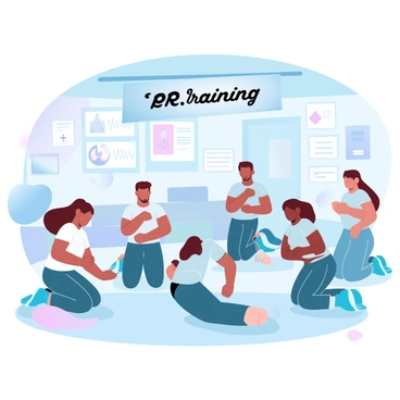 A community center interior features a room filled with participants engaged in a CPR class. Several individuals are kneeling on the floor, practicing chest compressions on realistic training dummies. Each participant is focused on their task, with some looking at instructional materials. The room is equipped with first aid kits and posters demonstrating CPR techniques on the walls. Soft gradient pastel colors fill the background, creating a calm atmosphere. "CPR Training" is displayed prominently on a banner hanging above the group.