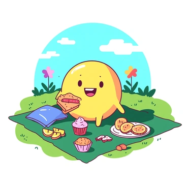 A yellow cell character with a smiling face is sitting on a green picnic blanket in a sunny meadow. The cell has small arms and legs, and it is holding a red sandwich. Surrounding the cell are various snacks, including a blue bag of chips, a pink cupcake, and orange fruit slices. In the background, there are a few colorful flowers and a bright blue sky with scattered white clouds. Sunlight casts gentle shadows on the blanket.