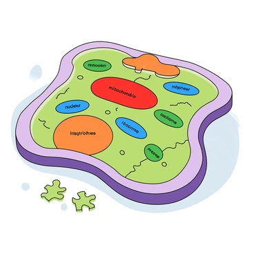 A colorful jigsaw puzzle depicting the structure of an animal cell. The puzzle is composed of several interlocking pieces, each uniquely shaped and brightly colored. Each piece is labeled with the name of a different part of the animal cell, such as "nucleus," "mitochondria," "ribosomes," and "cell membrane." The background is a smooth surface where the puzzle is laid out, and a few pieces are scattered nearby, indicating that the puzzle is in the process of being completed.