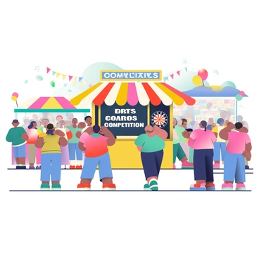 A vibrant street festival is bustling with activity. In the foreground, a colorful booth is set up for an outdoor darts competition. The booth has a striped awning in bright colors, and a chalkboard sign displays the words "Darts Competition" in bold letters. Participants are lined up to take their turns, with a diverse group of people showing excitement. Some players are concentrating as they aim at the dartboard, while others are cheering from the sidelines. Brightly colored decorations, such as balloons and banners, hang from nearby stalls. A crowd of festival-goers is enjoying various activities and food options that fill the surrounding area.