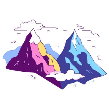 Two mountain peaks are depicted in a striking illustration, stretching towards each other as if reaching out like hands meeting at the summit. The first peak on the left is jagged and steep, showing rocky textures with a few patches of snow at the top. The second peak on the right has a smoother contour, also capped with snow, creating a soft contrast. Wispy clouds hover around the summits, while a gradient of colors fills the background, enhancing the visual connection between the two peaks.