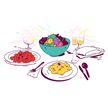 A white dining table is set with an elegant arrangement of dishes, each glowing softly with colorful light. There are several plates, each featuring a different meal, with hues radiating from them that reflect their respective tastes. The first plate holds a vibrant red pasta dish, while another plate features a rich yellow curry, both illuminating the table. In the center, there is a teal salad bowl filled with fresh greens and colorful vegetables, casting a soft teal glow. Surrounding the dishes are polished silver utensils and crystal glasses that catch the colorful light, adding to the overall ambiance of the scene.