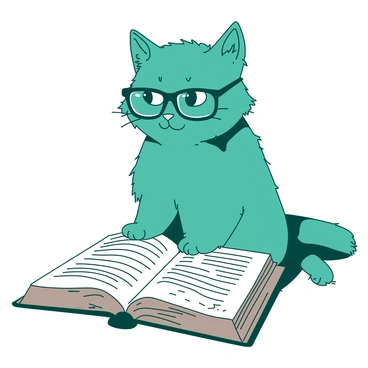 A teal cat is sitting upright, wearing black reading glasses perched on its small, cute nose. The cat's fur is fluffy and well-groomed, with its ears perked up, showing curiosity. In front of the cat, there is an open book resting on a wooden table, with pages slightly turned, indicating it has been read. The cat's bright eyes are focused on the text, reflecting a sense of concentration and engagement. A soft light is illuminating the scene, creating gentle shadows around the cat and the book.