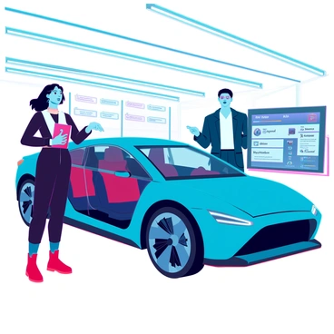 A customer with medium skin tone and short black hair stands in a modern car dealership, examining a sleek electric vehicle. The car features a glossy exterior finish and futuristic lines. The customer is holding a digital tablet, reviewing options such as color, interior materials, and tech features displayed on the screen. Nearby, a sales representative with light skin and glasses gestures towards the car’s interior, showcasing advanced dashboard technology and customizable seating arrangements. Bright overhead lights illuminate the showroom, highlighting various other vehicles and options in the background.