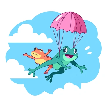 A teal frog and a yellow toad are skydiving together, wearing colorful tiny parachutes. The frog is slightly ahead, its legs spread out and a joyful expression on its face. The toad trails closely behind, with its arms raised and a surprised look. They are surrounded by fluffy white clouds drifting in the bright blue sky. Sunlight filters through the clouds, creating a playful atmosphere as they descend. The parachutes are colorful, with the frog's being pink and the toad's being orange.
